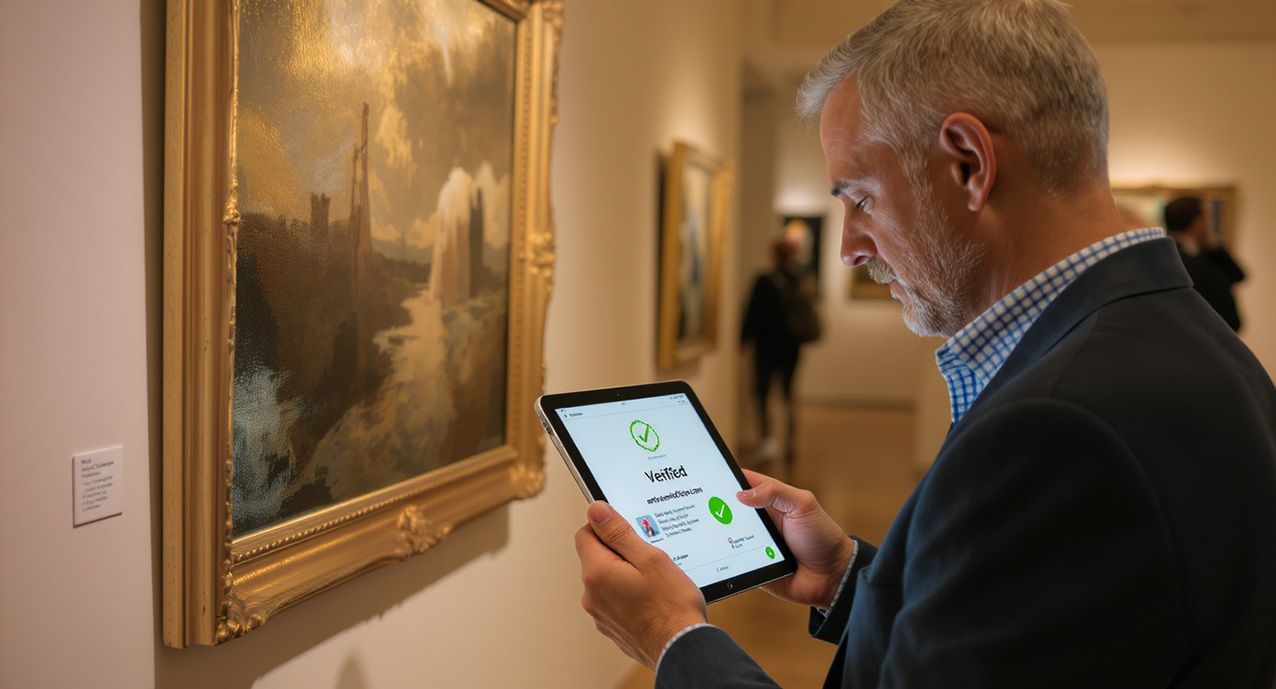 Coleccionista consultando la ficha y certificado de una obra en una galería desde una tablet (NFC)