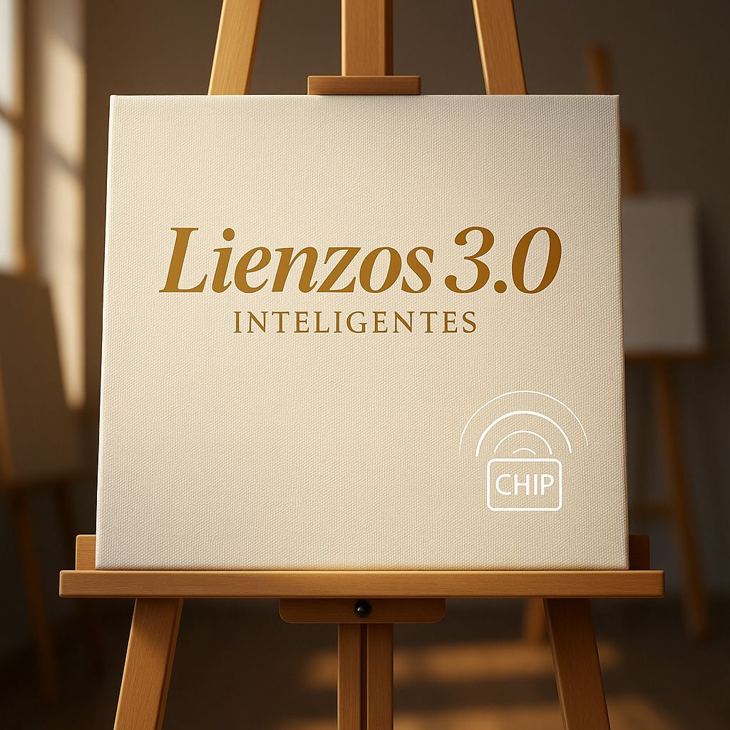 lienzo en exposición sobre un caballete , muestra la marca del lienzo: Lienzos Inteligentes 3.0