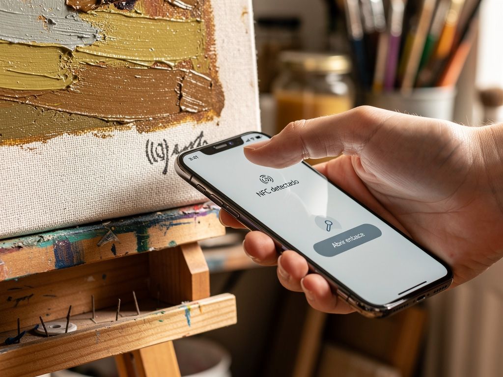 Móvil escaneando el chip NFC en la esquina inferior derecha de un lienzo para abrir el enlace de registro.